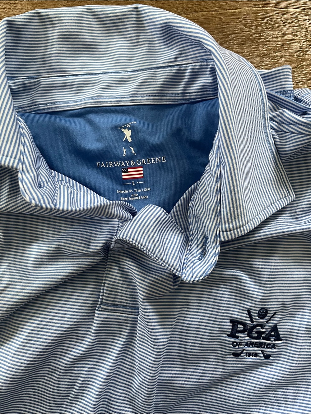 Fairway & Greene Men’s Light Blue and White Striped Golf Polo
